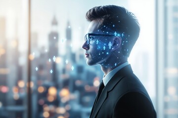 Business professional with digital network overlay on face representing futuristic human connection and technology integration concept in office setting. Ai generative