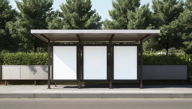 Bus station mockup with 3 empty spaces. Night or dusk time, 3d rendered realistic illustration - Powered by Adobe