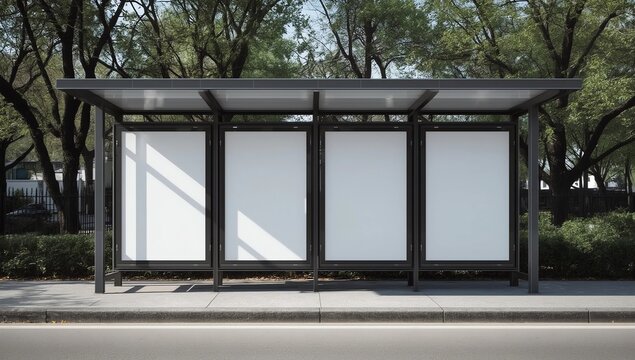 Bus station mockup with 3 empty spaces. Night or dusk time, 3d rendered realistic illustration