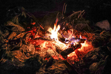 A glowing campfire captured in the heart of a dark forest at night. Burning logs and glowing embers radiate warmth and light, with visible sparks and flames dancing in the air.