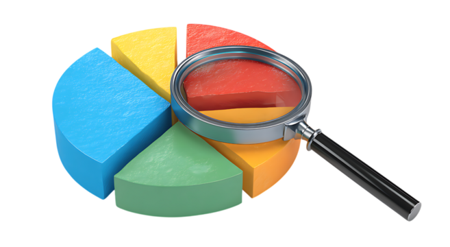 Pie chart analysis magnified for detailed insight into business data and trends isolated on transparent background