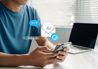 Modern man uses AI chatbot on smartphone for instant support and messaging in sleek office setting.