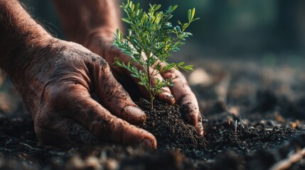 Nurturing Nature's Future: A close-up view captures a pair of weathered hands carefully planting a young seedling into the fertile soil, representing growth and environmental conservation.