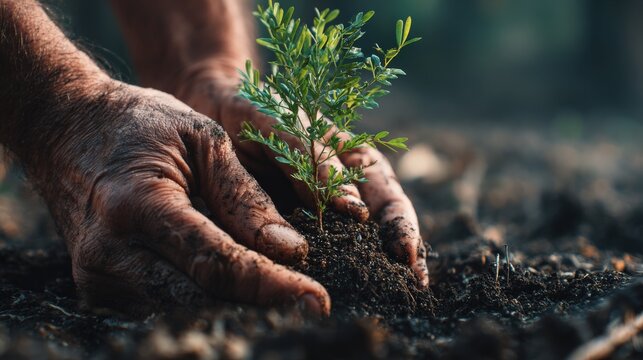 Nurturing Nature's Future: A close-up view captures a pair of weathered hands carefully planting a young seedling into the fertile soil, representing growth and environmental conservation. - Powered by Adobe