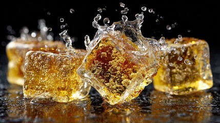 Amber cubes, icy splash on dark