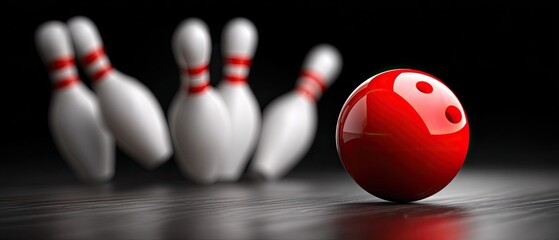 A glossy red bowling ball rolls towards white pins, creating a dynamic scene of action in a darkened bowling alley.