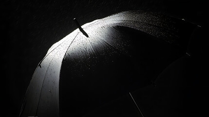 Silhouette of a black umbrella with glistening rain on its surface, dramatic lighting from one side casting sharp shadows