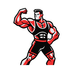 A powerful and heroic fitness mascot in a red and black suit, flexing his bicep to show off his super strength. vector illustration