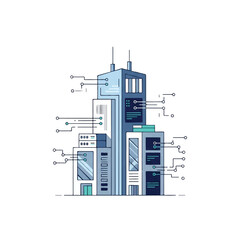 Obraz premium Illustration of a futuristic sustainable smart city building with circuit-like connections on a white background, conveying a modern and innovative mood.