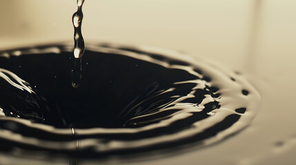 Close up view of water droplets creating ripples in dark liquid surface, showcasing beauty of fluid dynamics and motion