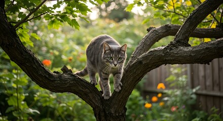 Obraz premium cat in tree tabby cat climbing on a tree branch in a lush garden illuminated by soft diffused daylight perfect for nature and animal lovers.