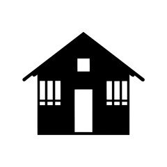 Minimalist black house illustration with gable roof, door and windows isolated on white
