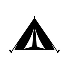 Black tent icon on white background emphasizing outdoor camping adventures