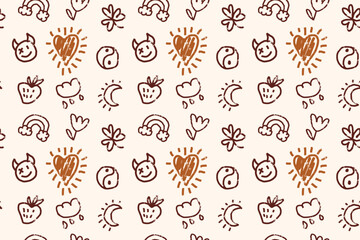 Vector doodle seamless pattern with hand drawn icons and shapes: smiley, heart, yin yang, rainbow, flower, cloud, strawberry, moon, three leaf clover on light background. Sketchy grunge style