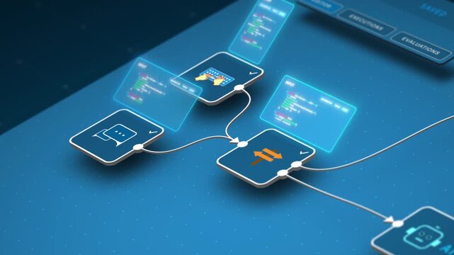 Closeup AI agent workflow with code input and automation process for machine learning system interface, looped animation - Powered by Adobe