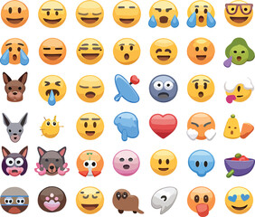 Diverse emoji collection grid many expressions and symbols isolated clean background for digital use