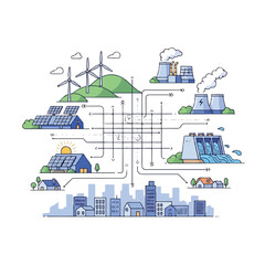 Naklejka premium Illustration of a sustainable smart city with renewable energy sources like wind turbines and solar panels connected to homes and industries through a network of lines, showcasing