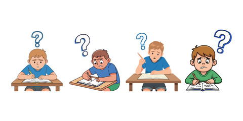 Cartoon boys ponder problems with homework tasks.
