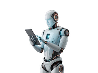 Modern robot using a tablet isolated on transparent background, artificial intelligence