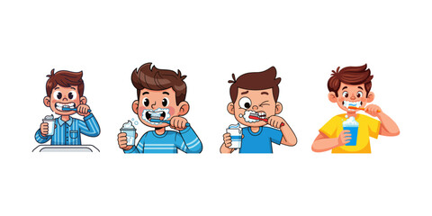 Four young cartoon boys are brushing their teeth.