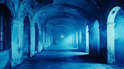 Abandoned, arched hallway, mystical blue light