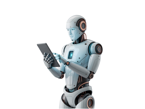 Modern robot using a tablet isolated on transparent background, artificial intelligence