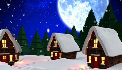 Naklejka premium Snowy winter village at night under a full moon