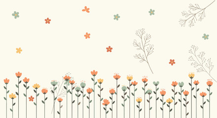 A field of blooming flowers with falling petals and delicate branches against a creamy background.