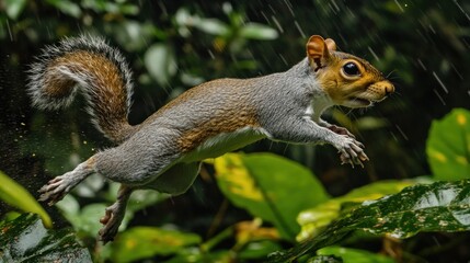 Obraz premium Grey Squirrel Leaning in Rain Forest