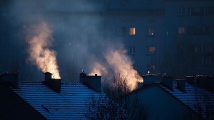 Obraz premium Chimneys release warm smoke into the cold evening air, contrasting against the snow-covered rooftops of urban apartment buildings.