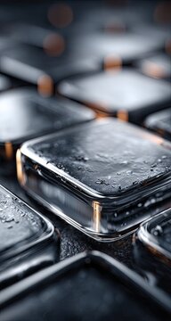 Close-up view of many square, transparent blocks, seemingly wet, with a dark metallic hue