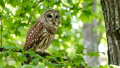Owl perched in leafy forest