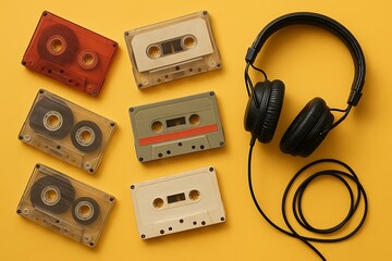 Retro Cassette Tapes and Headphones on Yellow Background