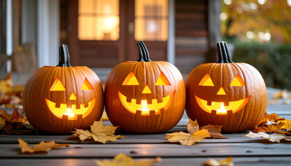 Three carved pumpkins with glowing faces sit on a porch with autumn leaves.