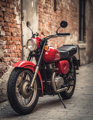 Vintage Red Motorcycle by Brick Wall