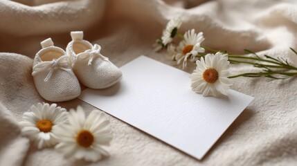 Delicate Beginnings: Soft baby booties and pristine daisies adorn a textured blanket next to a blank card, whispering of new life, fresh beginnings, and heartfelt messages. Genetative Ai