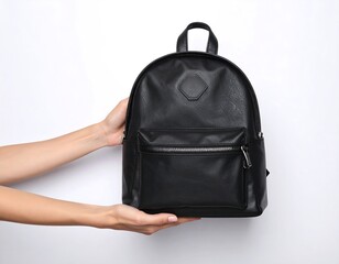 Naklejka premium Hands holding a black backpack