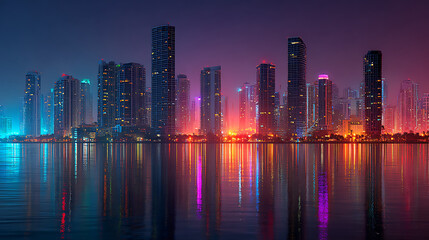 Fototapeta premium Modern city skyline at night with vibrant neon lights reflecting on the water