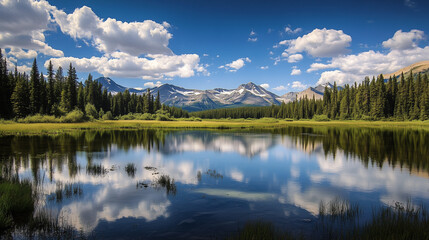 Fototapeta premium Breathtaking view of a mountain range with a spruce forest on a sunny day.