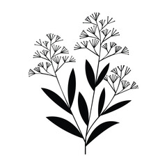 Minimal floral branch silhouette with abstract leaves and buds, simple black botanical vector design.