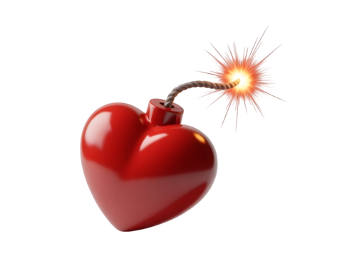 Red heart shaped bomb with a lit fuse isolated on transparent background