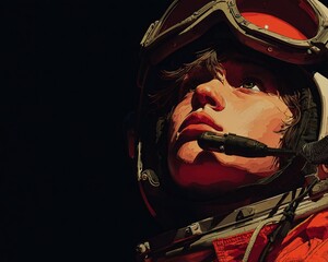 Young Astronaut in Space Suit Gazing Upward with Determination