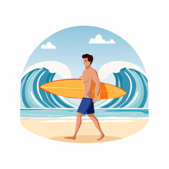 An athletic young man carries his orange surfboard while walking along a sandy beach, with large blue ocean waves in the background, ready for summer water sports