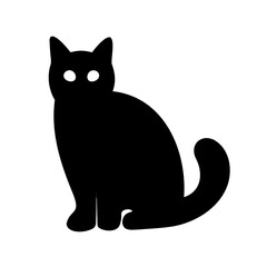Stylized minimalistic black cat sitting down with piercing white eyes illustration