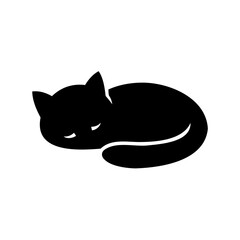 Stylized Silhouette of a Sleeping Black Cat Curled Up on White Background