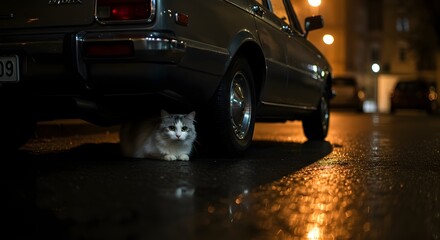 cat under car cute stray cat resting under a vintage automobile on a wet city street at night providing shelter from the rain urban survival