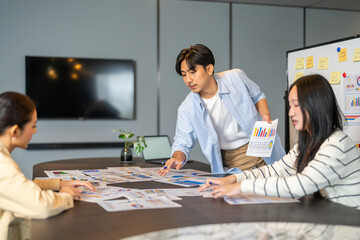 Asian young professionals meeting on laptop, inclusive teamwork business training, leadership development, marketing skills seminar, new gen workforce, cultural communication and digital learning