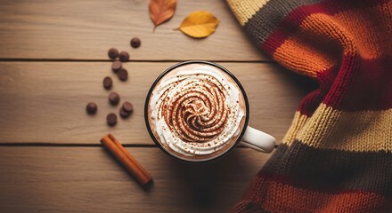 Cozy autumn vibes with warm beverage and comforting scarf overhead shot