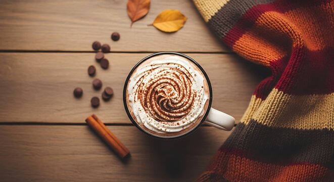 Cozy autumn vibes with warm beverage and comforting scarf overhead shot