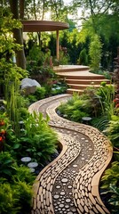 Serene garden pathway with a meandering stone path winding through lush greenery destination